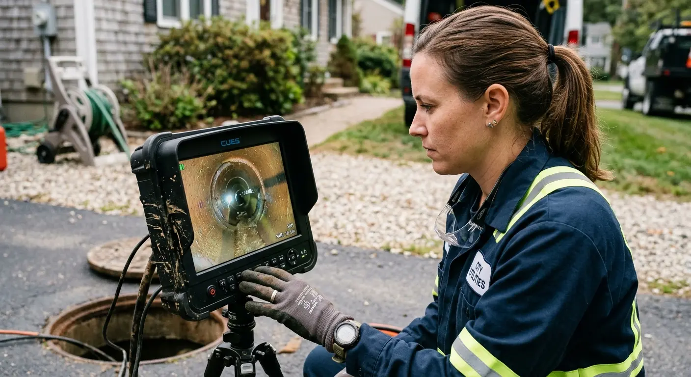 Technician reviewing sewer camera inspection footage in Cinco Ranch
