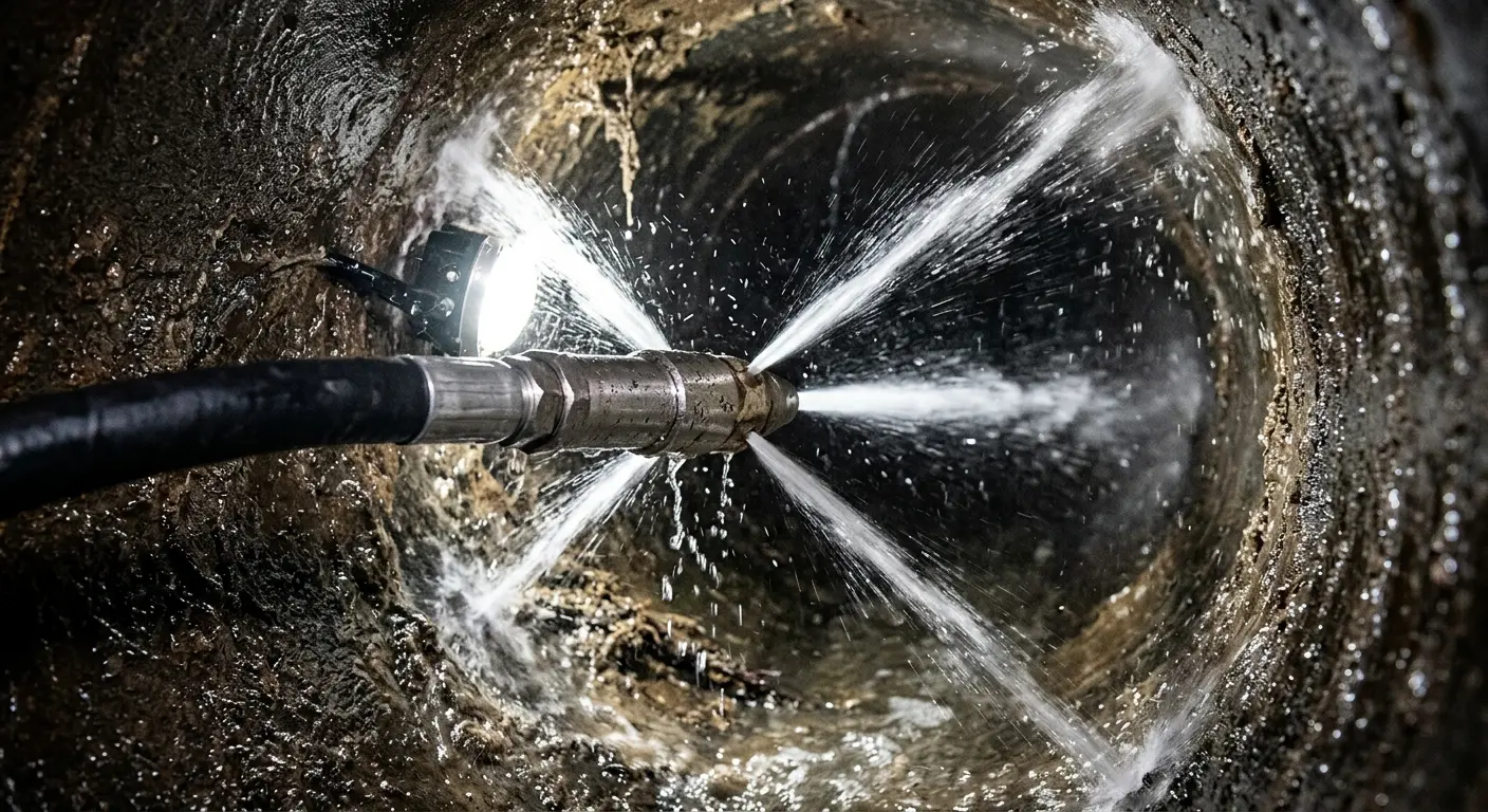 High-pressure hydro jetting nozzle cleaning sewer pipe for Sewer Cleanout in Cinco Ranch