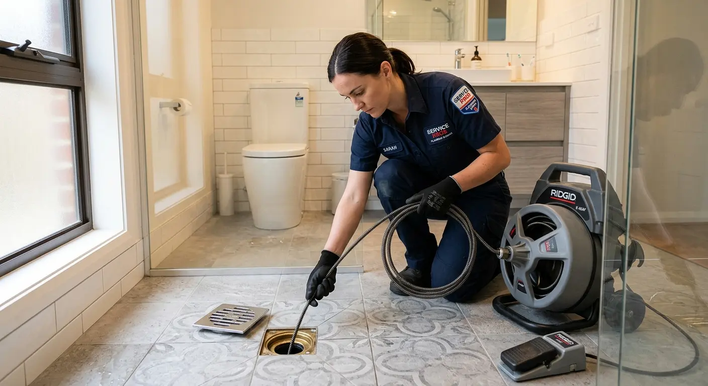 Technician clearing a bathroom floor drain for Clogged Drain Repair in Cinco Ranch
